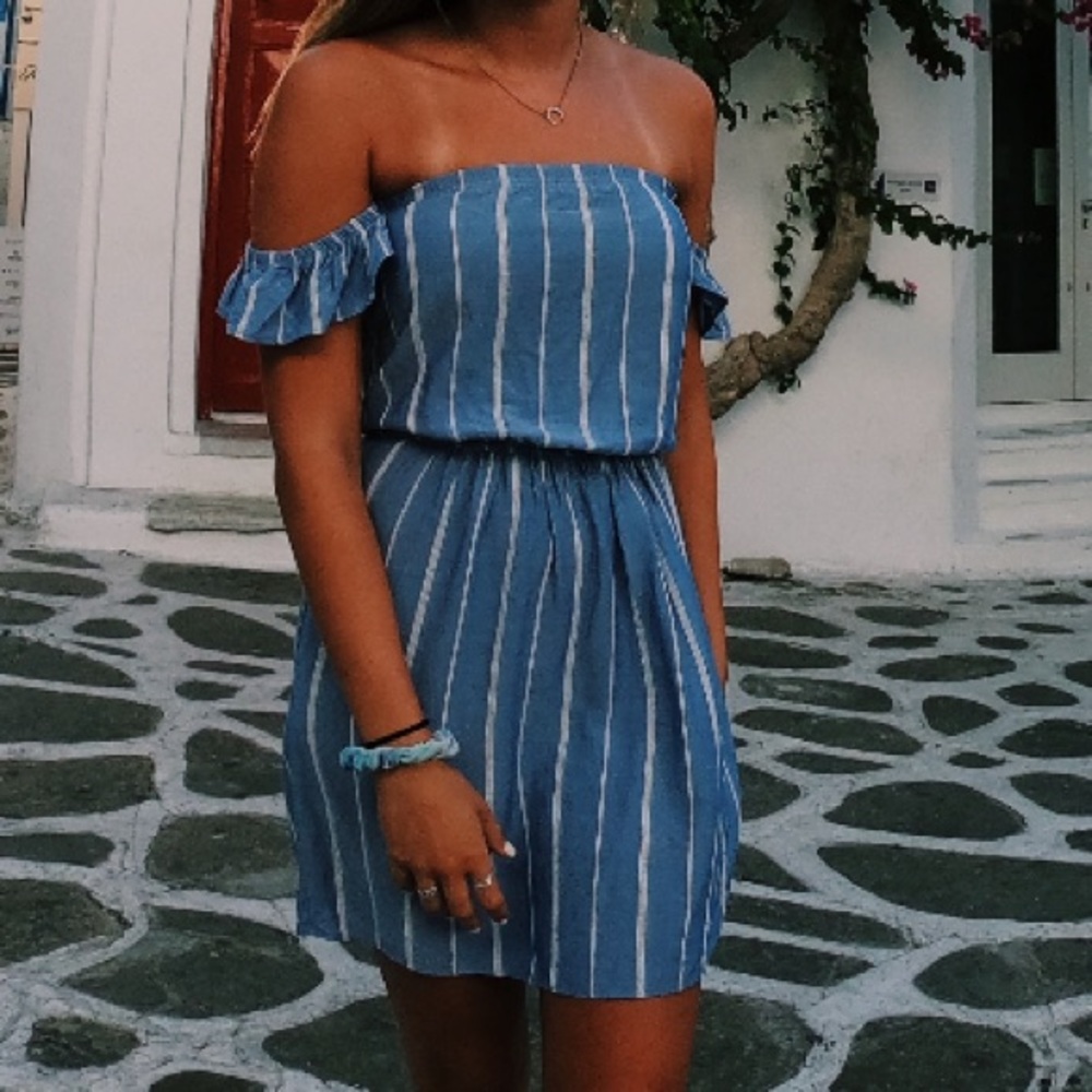 BLUE & WHITE STRIPED OFF THE SHOULDER DRESS